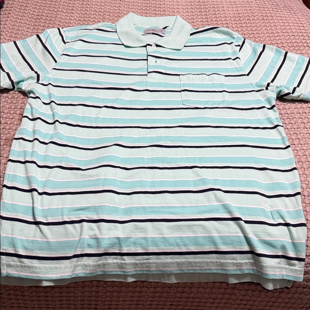 Striped Mint and Navy Men's Polo Shirt